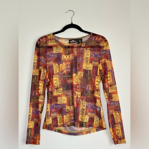 Harley-Davidson Tops - Harley-Davidson Women’s Mesh Long Sleeve Top License Plate Print Y2K Medium